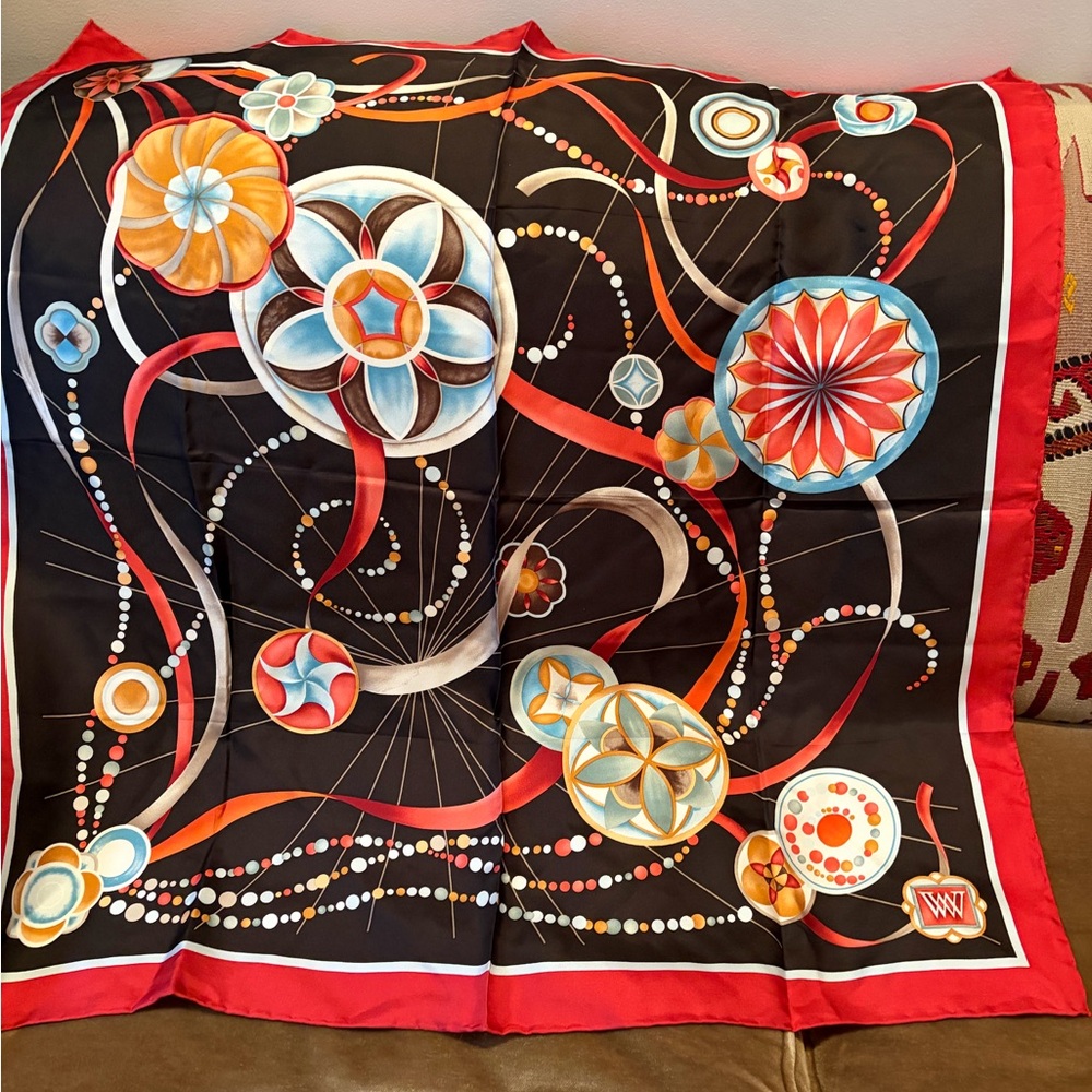 Worth Silk Scarf, colorful geometric and floral design